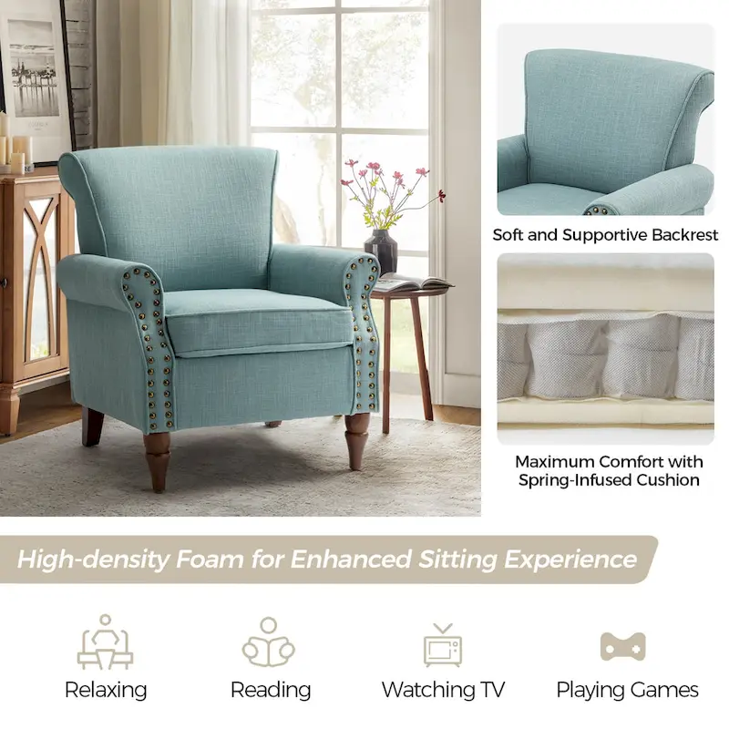 Nyctelius Upholstered Comfy Accent chair with Turned Wooden Legs and Nailhead Trim Set of 2 by HULALA HOME