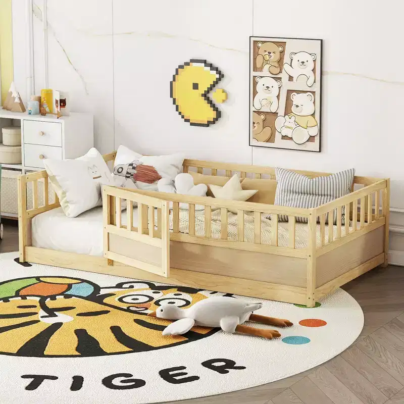 JVNOXK Children's Double Floor Bed Frame, Integrated Structure with Extra-High Safety Guardrail and Wooden Slats Supporting the Bed Slats