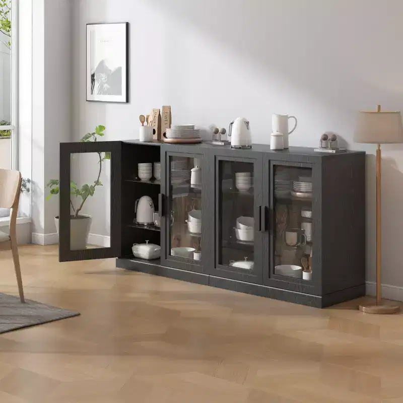Wood Accent Cabinet in Black, Storage Organizer with Adjustable Shelves and Glass Doors for Kitchen Bedroom Living/Dinning Room