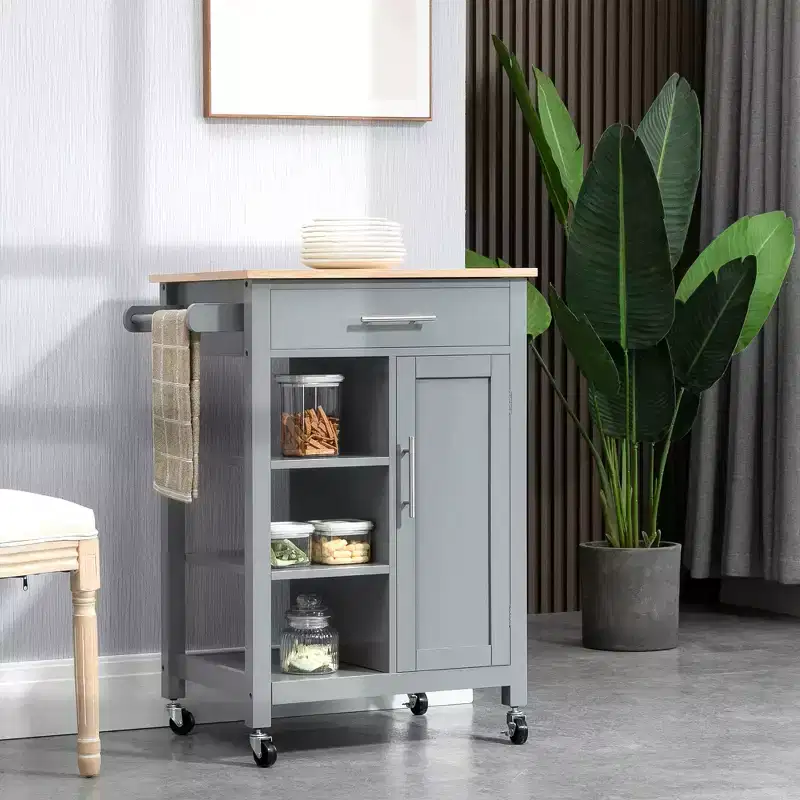 Kitchen Island Cart, Rolling Kitchen Island with Storage Shelf, Solid Wood Top, Drawer, for Dining Room