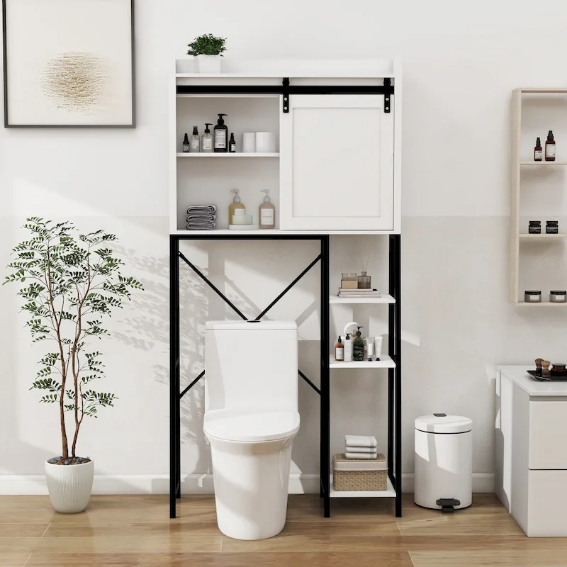 Above the toilet storage cabinet, bathroom shelf