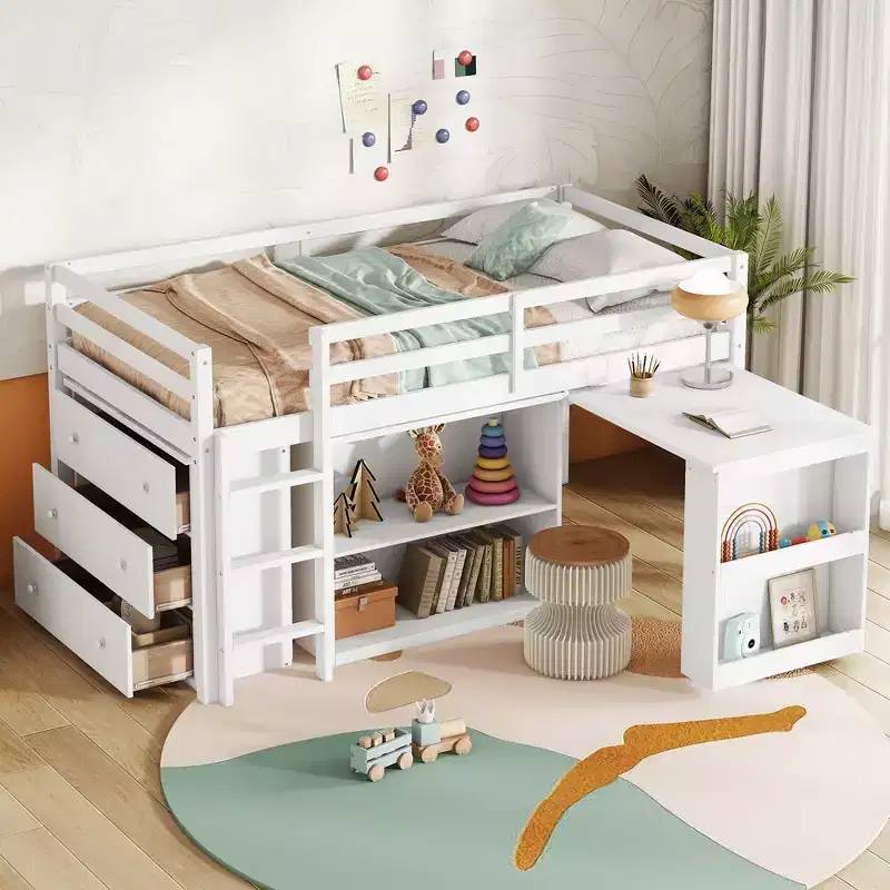 MAYEERTY Twin Loft Bed with Drawer Cabinet Shelf Cabinet and Pulling Out Desk,Rubber Wood Loft Bed with Guardrail Ladder White