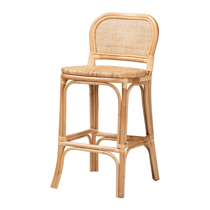 Natural Brown Rattan Bar Stool, Bohemian Style, Single