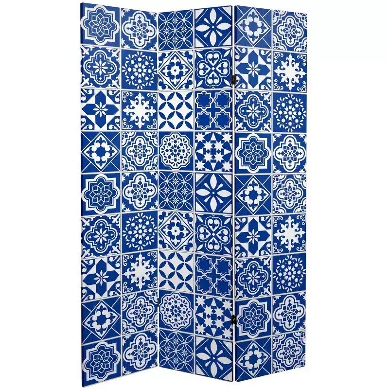 Oriental Furniture 6" Double Sided Tile Canvas Room Divider Blue: Indoor Privacy Screen, No Assembly Required
