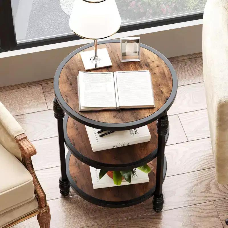 Round Side Table with 3 Shelves, Small End Table for Living Room, Bedroom, Steel Frame Nightstand & Coffee Table