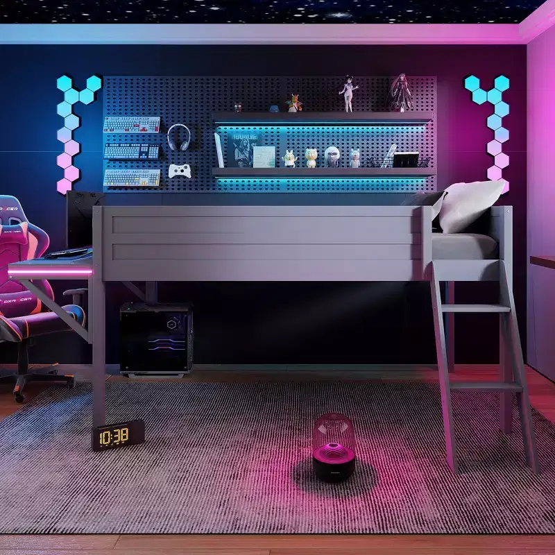 Twin/Full Size Gaming Loft Bed, Wood Bed Frame with Desk and LED, Gray - ModernLuxe