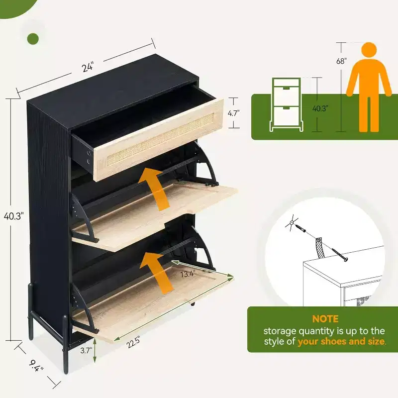 Entryway Shoe Cabinet with 2 Flip Drawers, Slim Freestanding Wooden Shoe Organizer, Space-Saving Closed Shoe Rack for Hallway, Foyer,Apartment