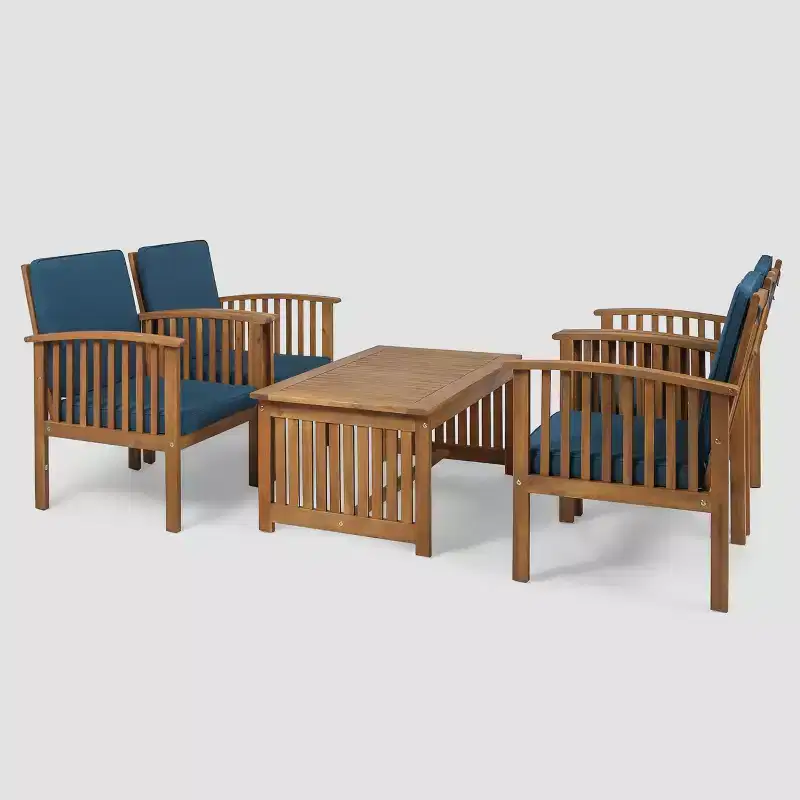 Carolina 5pc Acacia Club Chairs with Coffee Table Brown Patina Finish/Dark Teal - Christopher Knight Home: Weather-Resistant Outdoor Seating Set