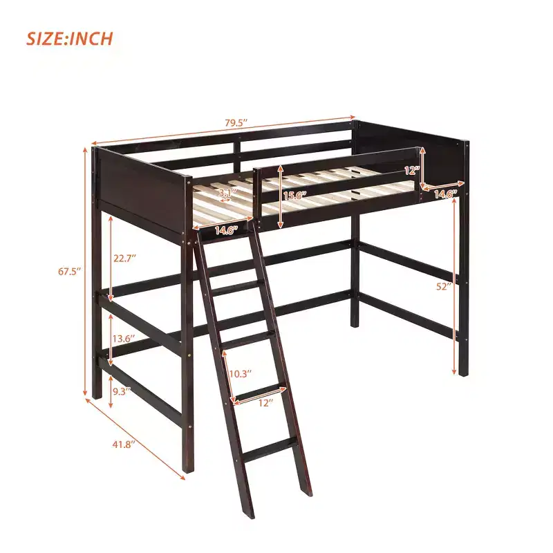 Twin Size Loft Bed with Ladder, Wooden Loft Bed Frame for Kids Teens Adults