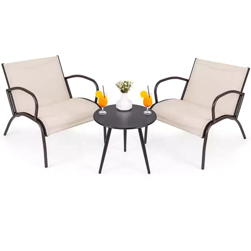 Costway 3 Piece Patio Chair Set w/ Curved Fabric Seat Round Coffee Table for Backyard