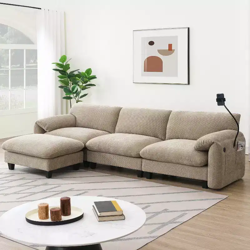 Whisen 108 Striped Chenille Modular L-Shaped Sectional Sofa with Wide Seat, USB/Type-C Chargers & Storage Ottoman