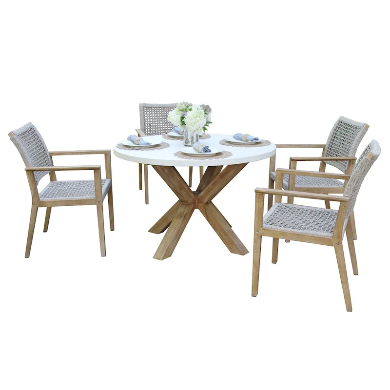 Cordelia 48 Ivory Composite Dining Table With 4 Wheat Rope Chairs