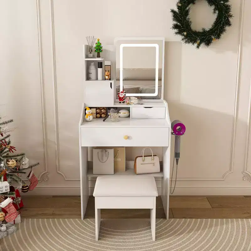 Okak Compact Vanity with 3-Color Adjustable Mirror, Vanity Table with 2 Drawers and 5 Shelves, Makeup Table with Stool for Bedroom, White