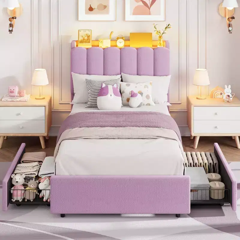 Upholstered Platform Bed Frame Storage Headboard & Drawers, Strong Wood Slats, Noise-Free Metal Frame, Heavy Duty, Easy Assembly,