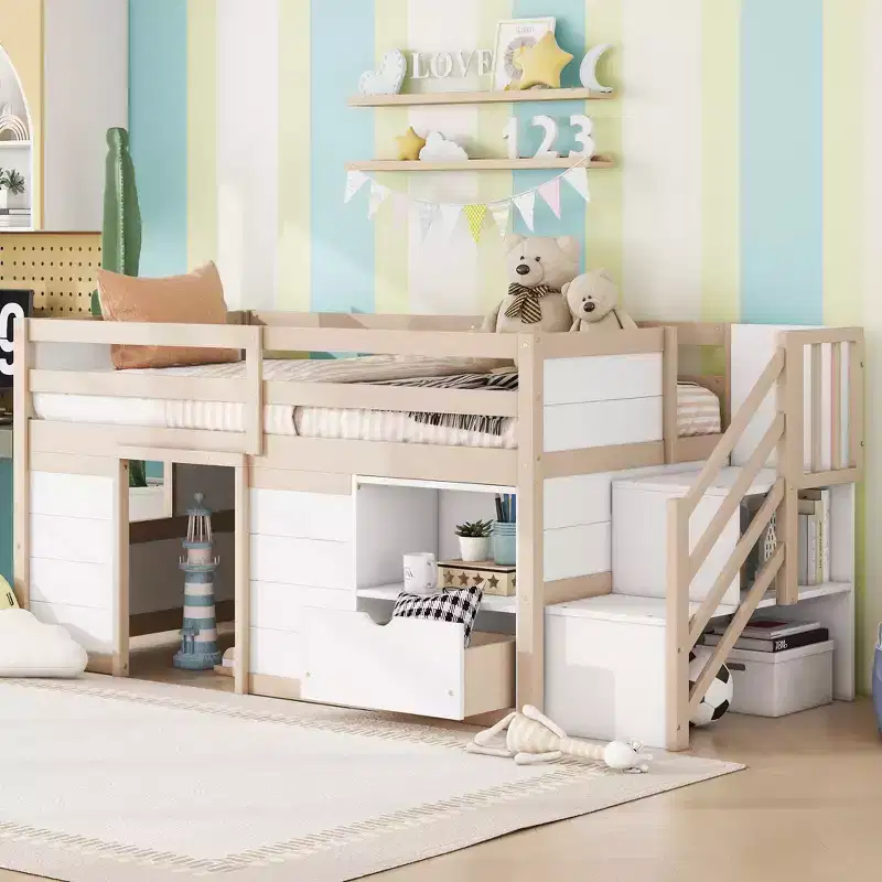 94.6L x 42.3W Solid Wood Twin Size Low Loft Bed With Stair, Drawer And Shelf, Modern & Clean Design