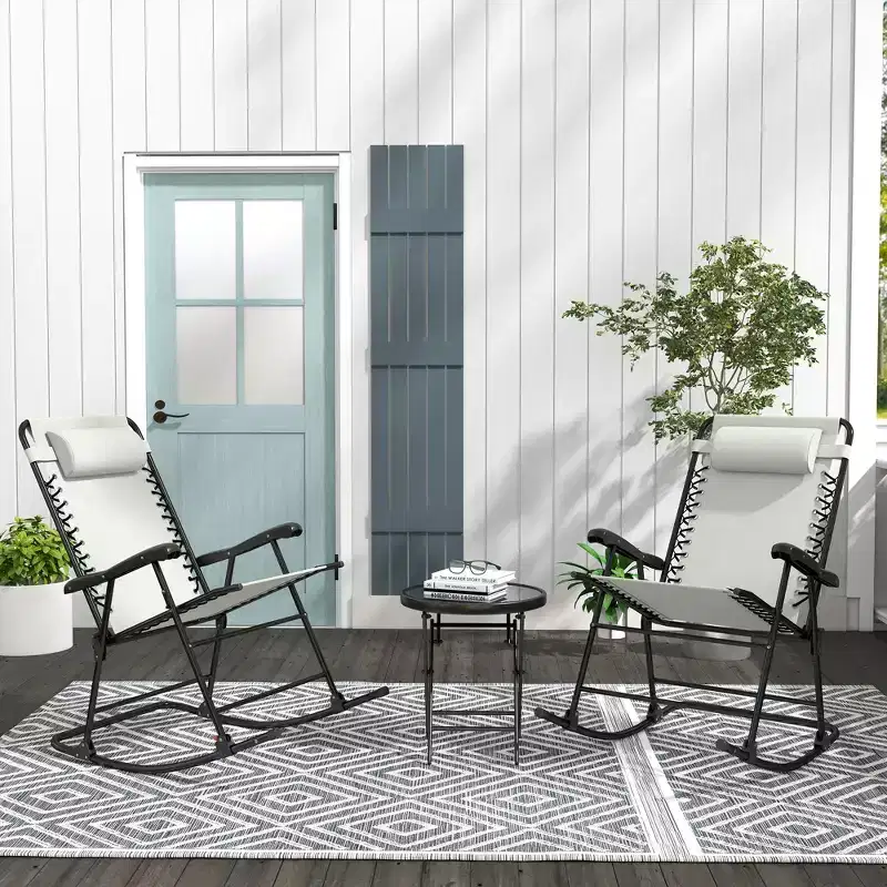 Outsunny Set of 2 Rocking Chairs Patio Lawn Chair Beach Reclining Folding Chairs with Pillow, Outdoor Portable Recliner for Camping Fishing Beach