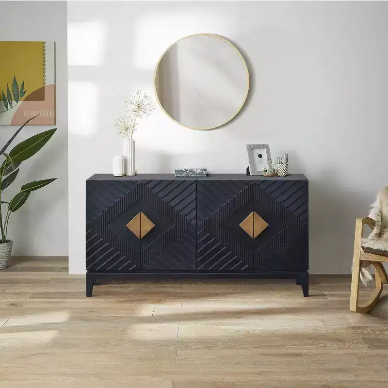55 Inch Sideboard Buffet Console with Door Cabinet, Brass Coated Diamond Cut Handles