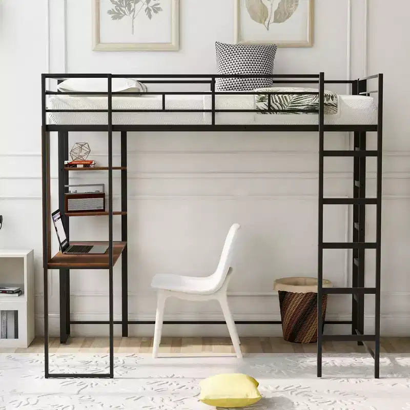 Twin Size Metal Loft Bed with Built-in Desk, Shelf and Ladder