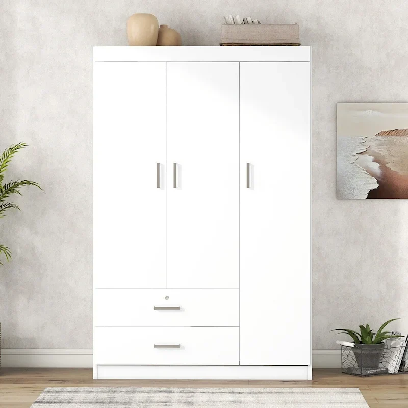 3-Door Wardrobe with 2 Drawers, Shelves & Hanging Rail – White MDF