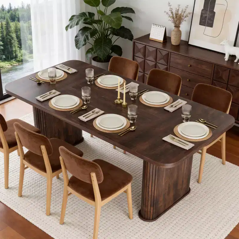 62 Dining Table for 6-8, Rectangle Wooden Kitchen Table with Double Robust Pedestal, Sturdy Dinner Table for Dining Room, Kitchen & Living Area