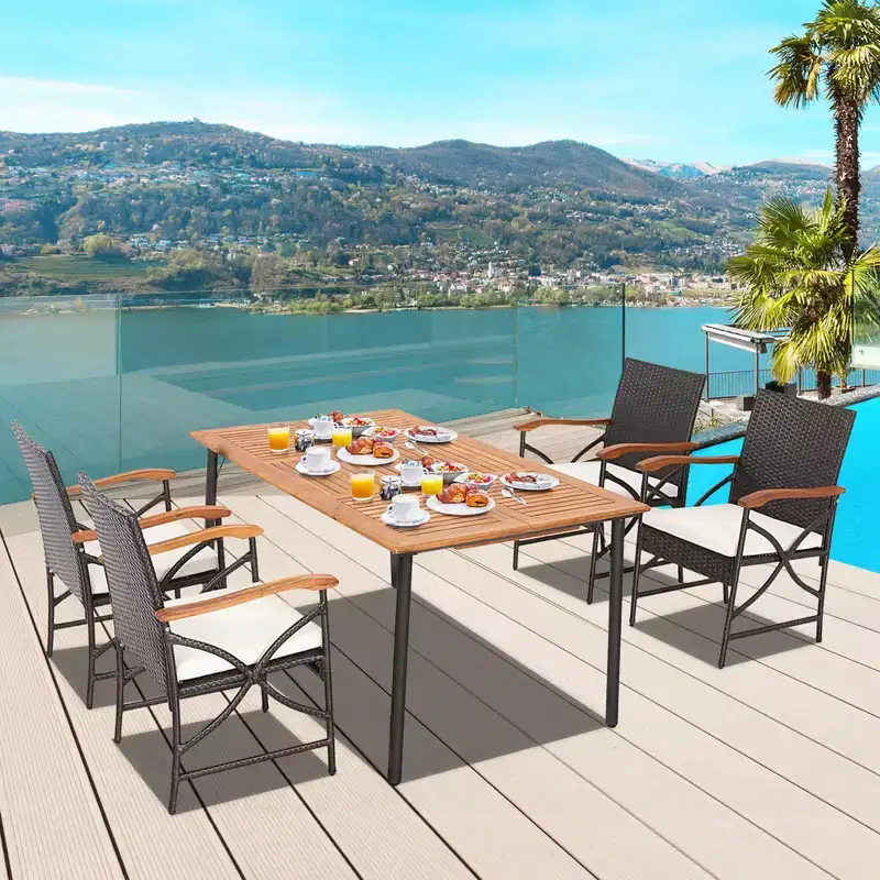 Costway 5PCS Patio Wicker Dining Set Cushion Armchairs Acacia Wood Table with Umbrella Hole