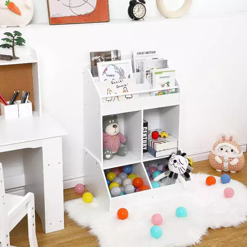 Kids Toy Organizer and Bookshelf, 3-Tier Sling Book Rack with 2 Storage Bins, Pine Wood, Child Safe, 35x14x39 for Playroom Bedroom