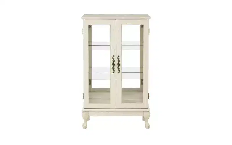 44 Lighted Curio Cabinet, White MDF+Glass Display w/ Tempered Glass Doors & Adjustable Shelves (Mirrored Back, Bulb Included)