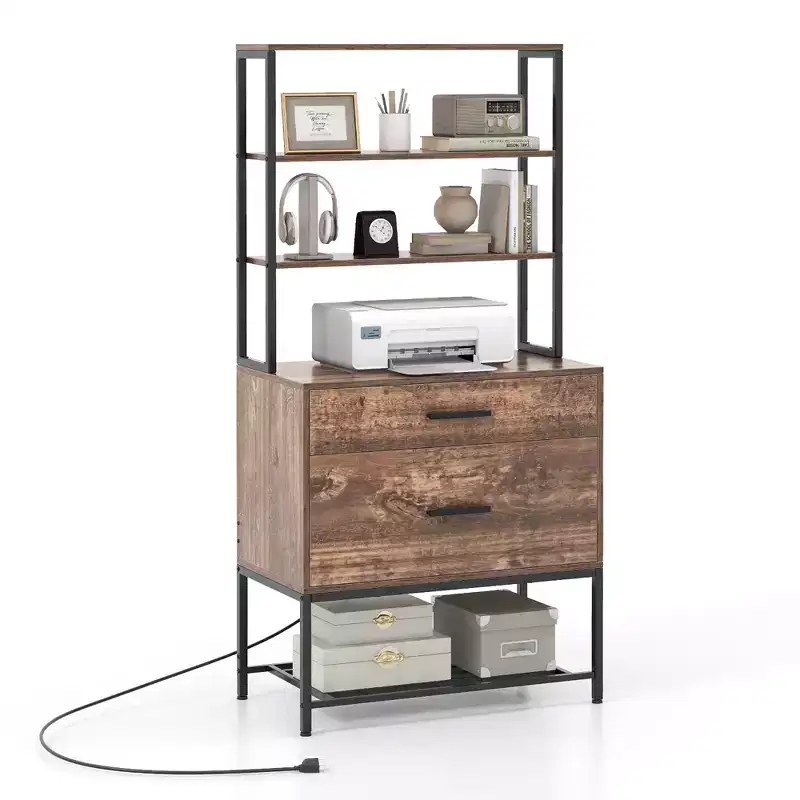 File Cabinet with Charging Station, 3-Tier Open Shelves & Large Drawer, Rustic Brown