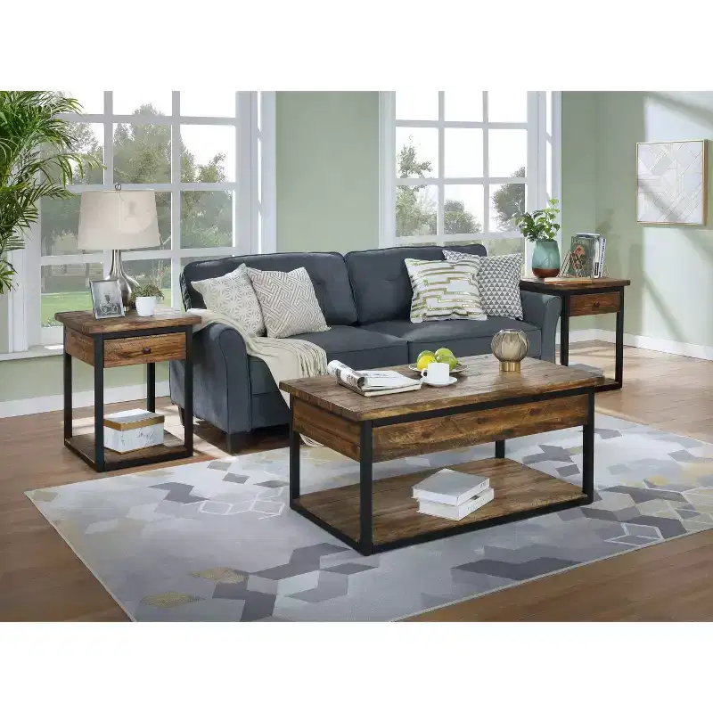 Claremont Rustic Wood Coffee Table and 2 End Tables Black - Alaterre Furniture: 3-Piece Set with Shelf & Drawers