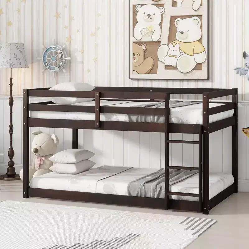 Okak Twin Over Twin Floor Bunk Bed with Ladder & Strengthened Slats,Modern Rubber Wood Bed Frame for Kids Room,Bedroom