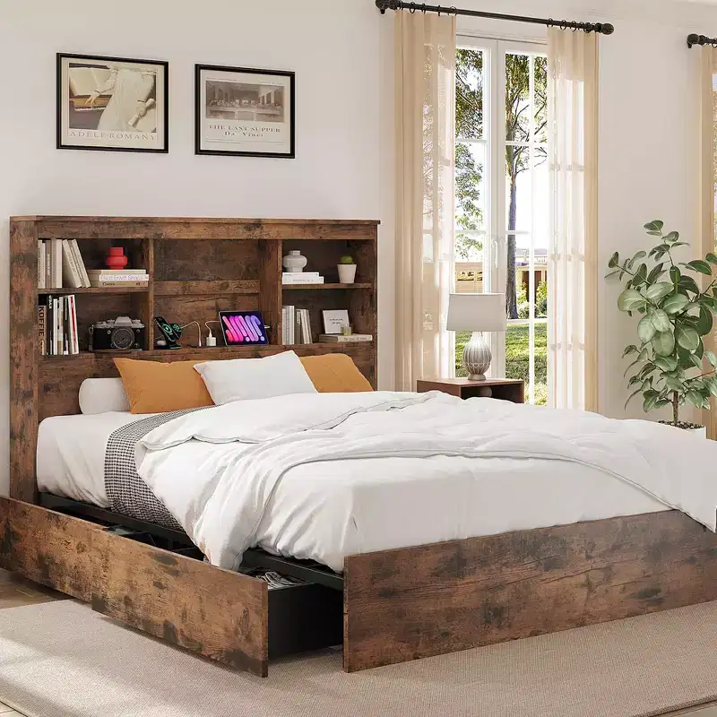 King Size Bed Frame with Storage Headboard, Platform Bed Frame with Drawers and Charging Station, No Box Spring Needed, Easy Assembly, Vintage Brown