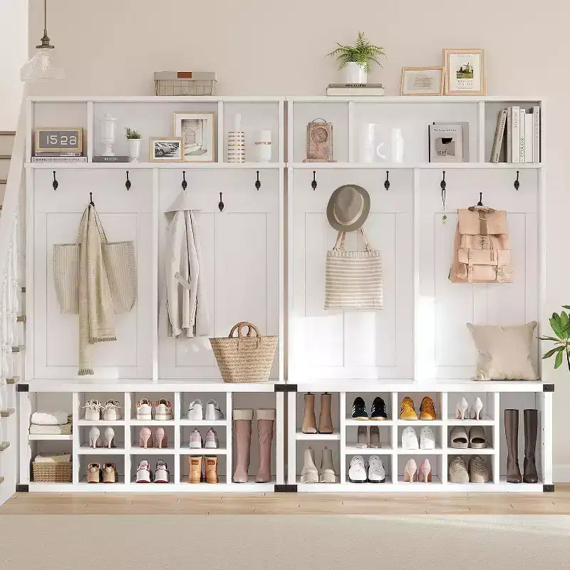 Acekool 76 Hall Tree with Bench, Shoe Storage, Coat Rack, 6 Hooks & Adjustable Shelf, Farmhouse Entryway Organizer, White