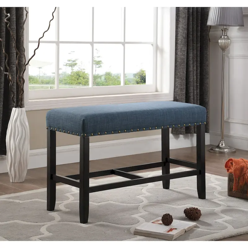 Blue Fabric Pub-Height 25.5 Dining Bench with Nailhead Trim