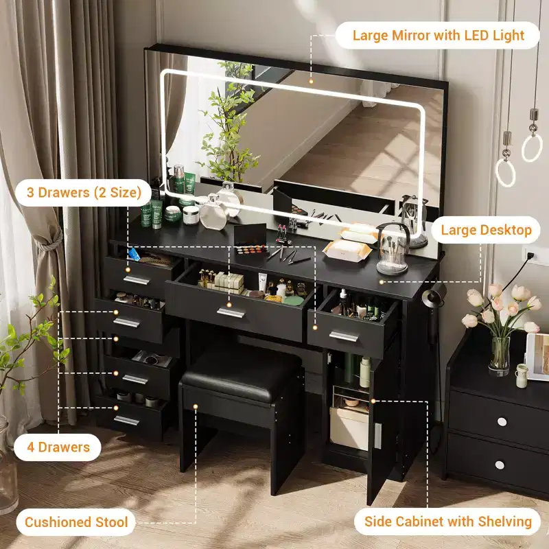 Modern Vanity Desk with 7 Drawers and Mirror, Makeup Vanity Set with Lights, Hair Dryer Holder, for Bedroom, Home