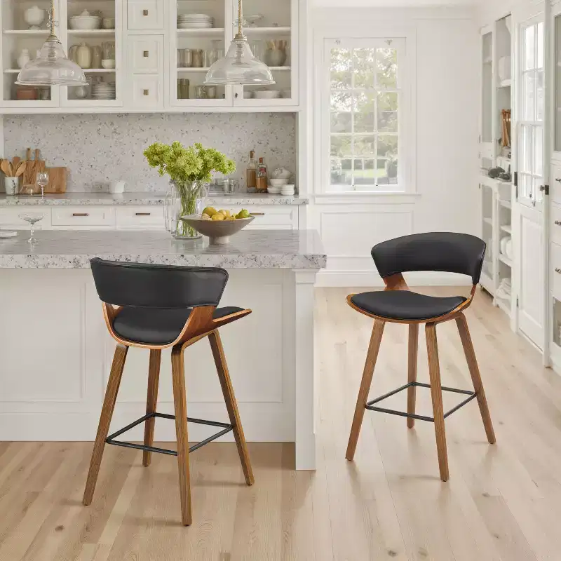 Art Leon Comfortable Faux Leather and Wood Barstool, Set of 2