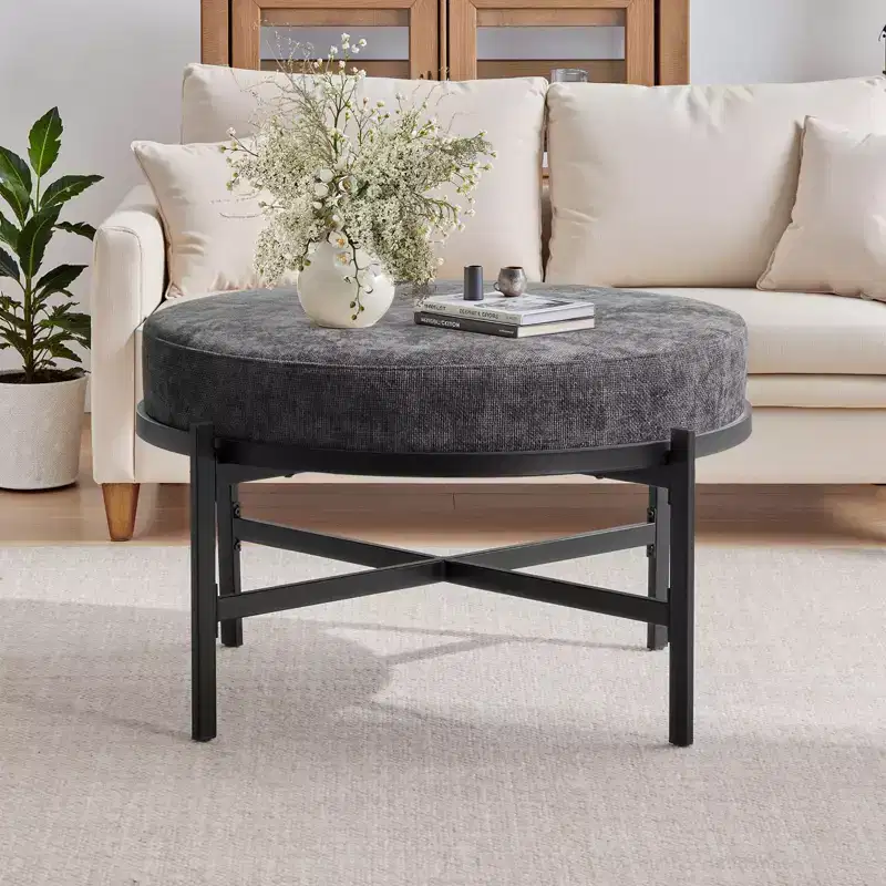 Bekrvio 4.5 Round Storage Ottoman, Chenille Fabric Coffee Table & Foot Rest for Living Room with Metal Legs & Adjustable Feet