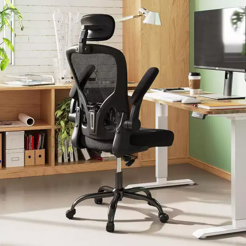 Ergonomic High Back Mesh Office Chair, Flip-Up Arms, Adjustable Height, Lumbar Support, 300 lb Capacity, Black
