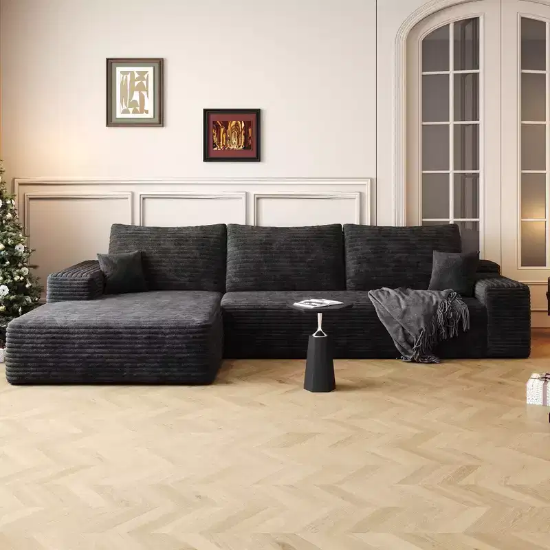 107 Inch Plush Corduroy Fabric Black Cloud Sectional Couch with L-Shape Chaise Modern Modular Sofa with Deep Seat for Living Room Apartment