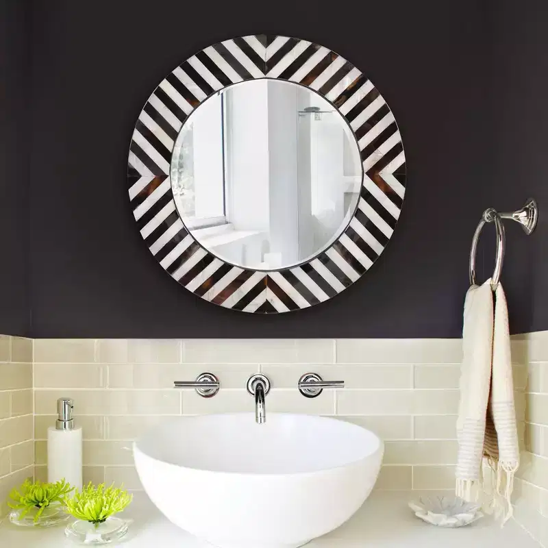 Howard Elliott 24 Julianna Round Beveled Wall Mirror with Black and White Horn and Shell Frame