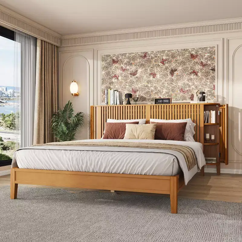 Christopher Knight Home Lennon Mid-Century Modern Bed with Slatted Headboard and Built-in Side Storages