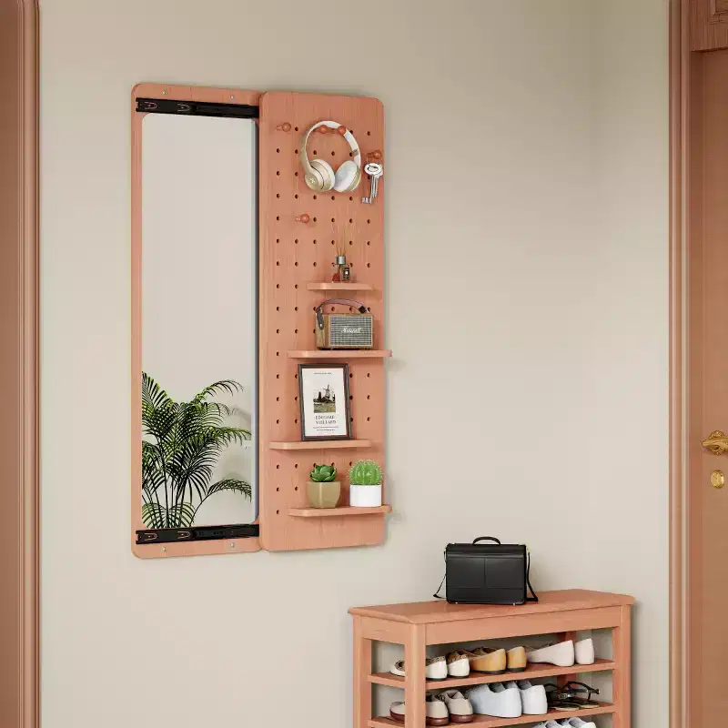 Modern Wall Mounted Full Length Mirror with Shelf & Hooks, Multifunctional Full Body Mirror for Bedroom, Living Room, or Entryway