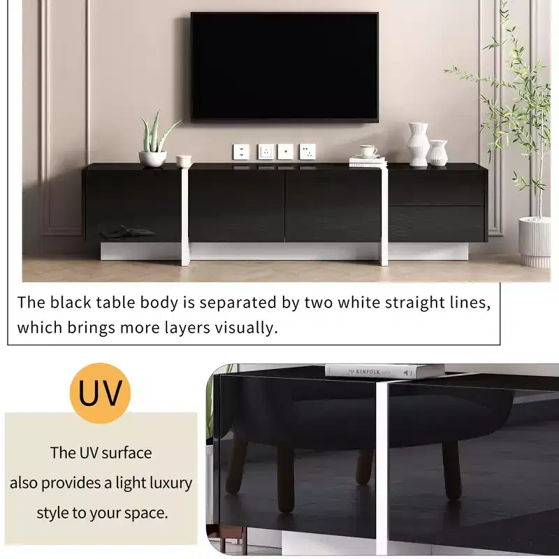 Modern TV Stand with High Gloss UV Surface for TVs up to 80 Inches, Entertainment Center with 3 Cabinets and 2 Drawers, Black