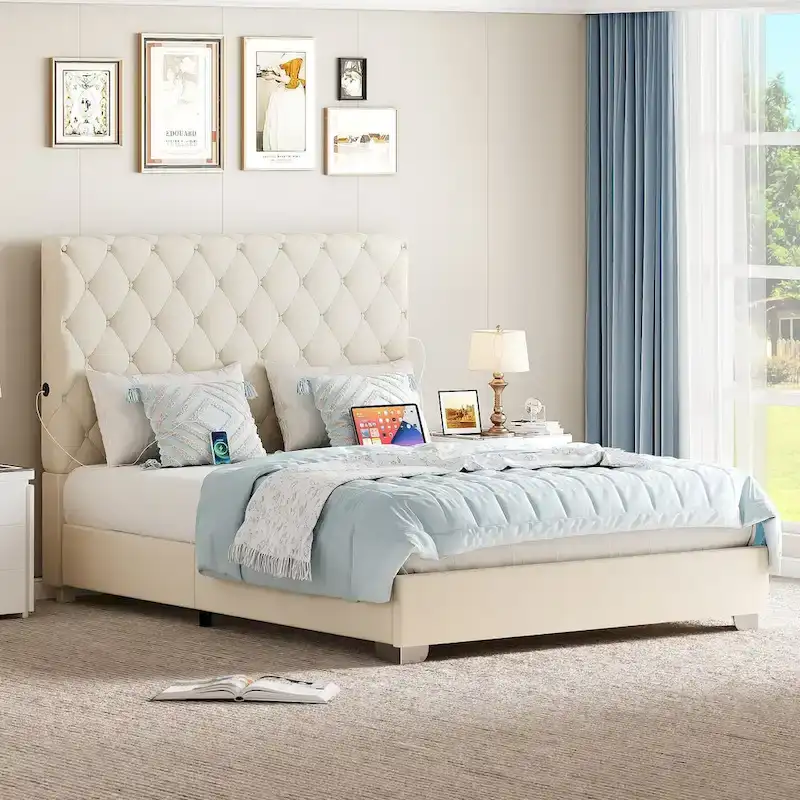 Beige Upholstered High Headboard Platform Bed Frame with USB Ports – For 2 (Queen)