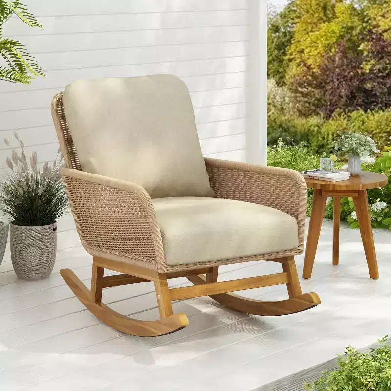 Christopher Knight Home Tamid Outdoor Modern Wood, Rattan and Metal Rocking Chair with Cushion