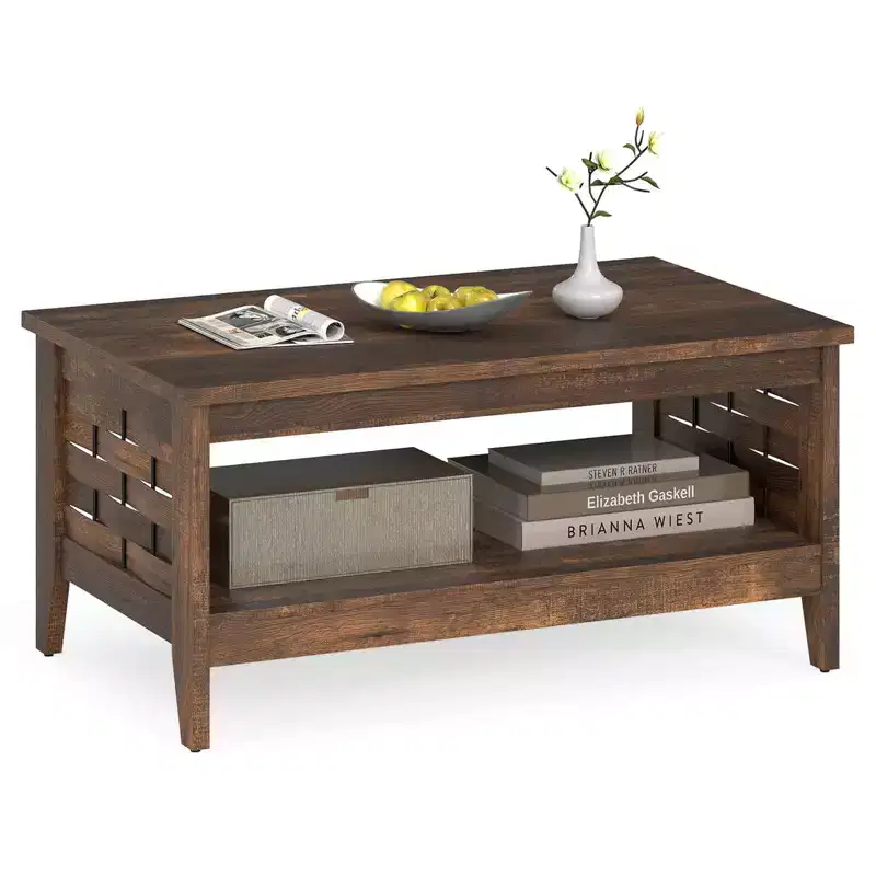 Costway 39.5 2-Tier Coffee Table with Open Shelf Woven Decorations Storage for Living Room Brown/Rustic Oak