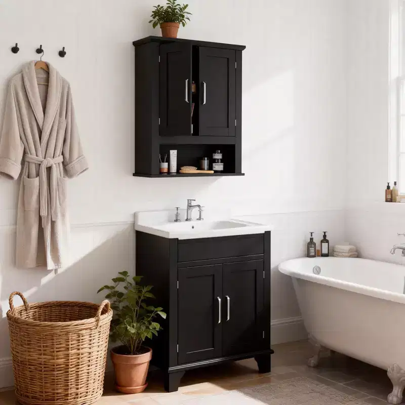Black Bathroom Wall Cabinet 2-Door with 1-Shelf