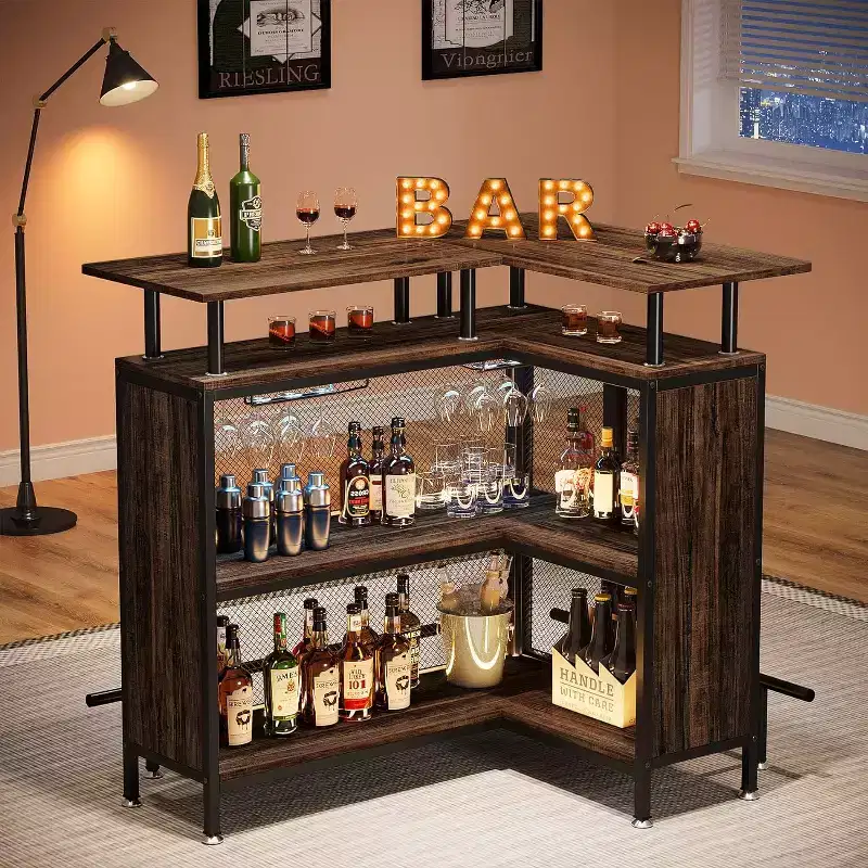 2-Tier L-Shaped Home Bar Unit – Stemware Racks, Open Shelves, Metal Mesh