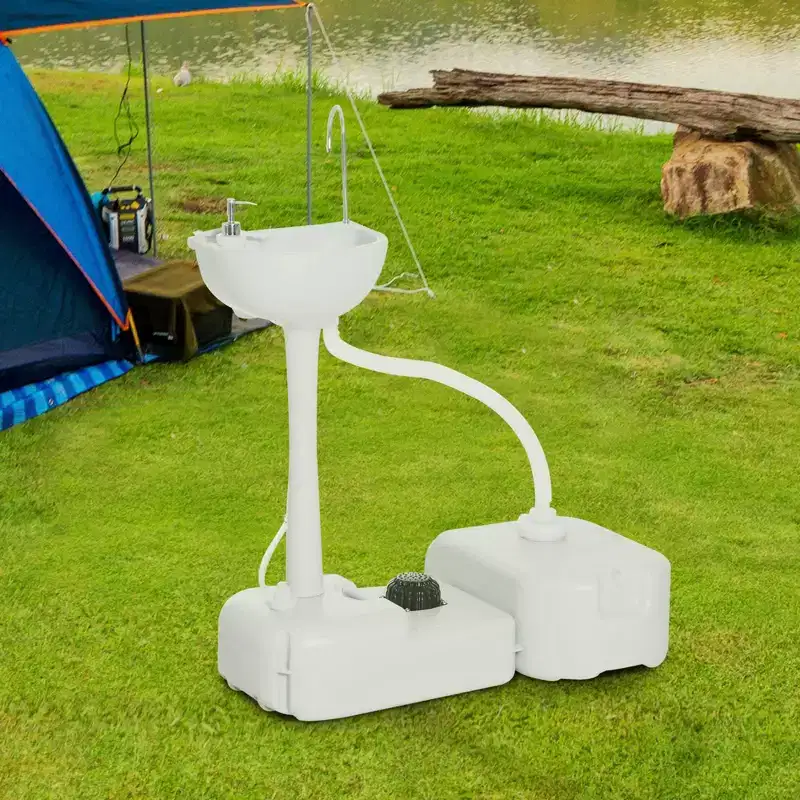kleankin Portable Camping Sink Hand Wash Station Basin 4.5 Gallon Tank 6.3 Gallon Recovery Tank & Soap Dispenser for RV, Outdoor, Indoor, HDPE, White