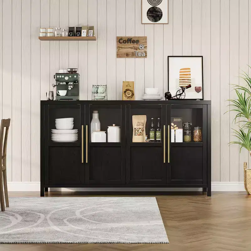 Storage cabinet, 55 inches farmhouse style, modern wooden cabinet with 4 glass doors, suitable for dining room, living room and entryway