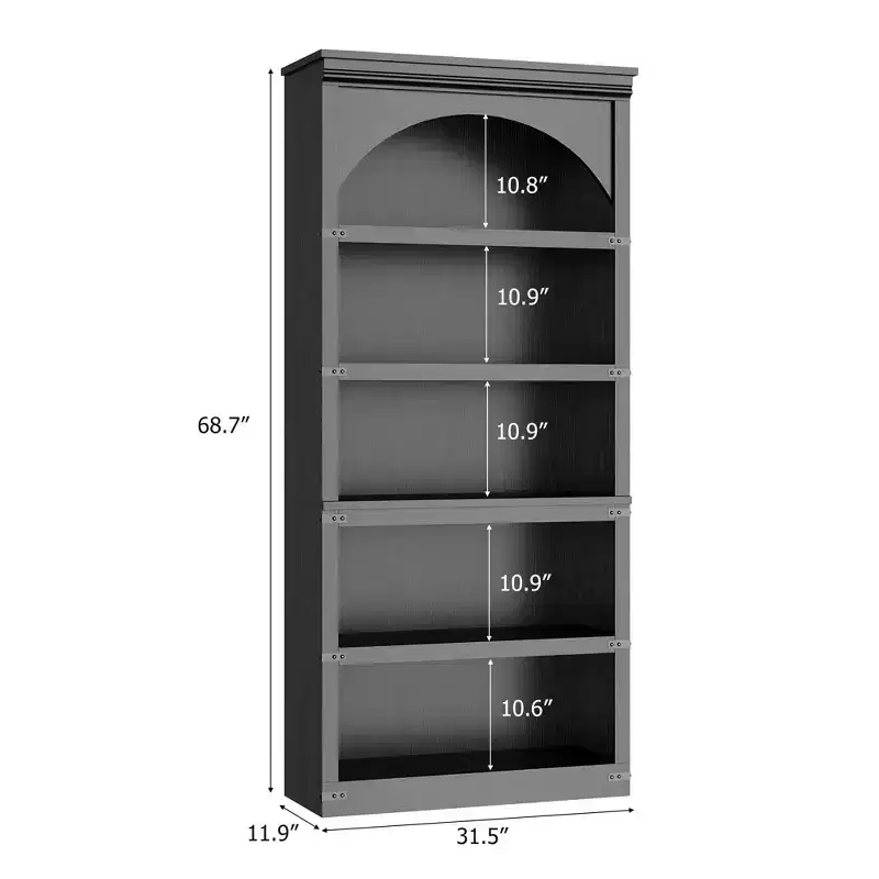 Farmhouse Arched Bookcase, 68.7 Tall Bookshelf w/Arche Design, Wooden Arch Bookshelf with Wooden Base, 5 Tier Bookshelves Rustic Vintage Book Shelf